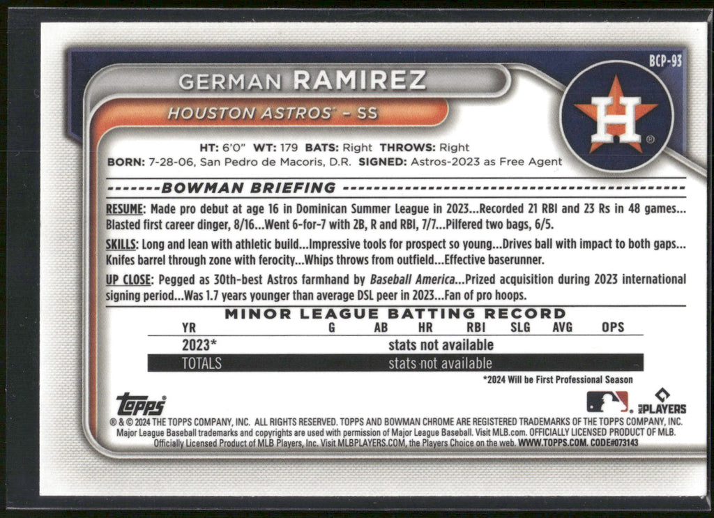 2024 Bowman #BCP-93 German Ramirez Chrome Prospects