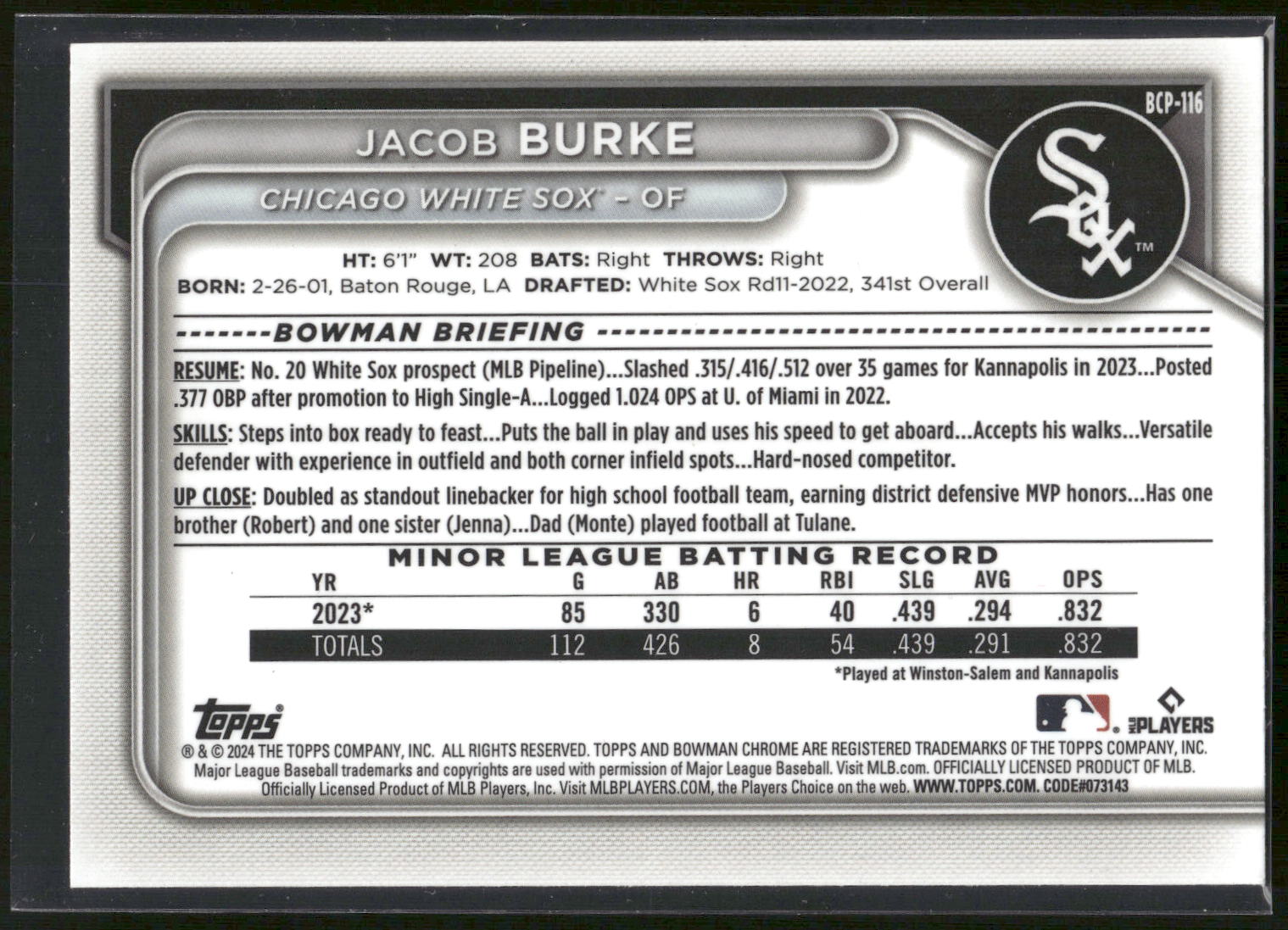 2024 Bowman #BCP-116 Jacob Burke Chrome Prospects