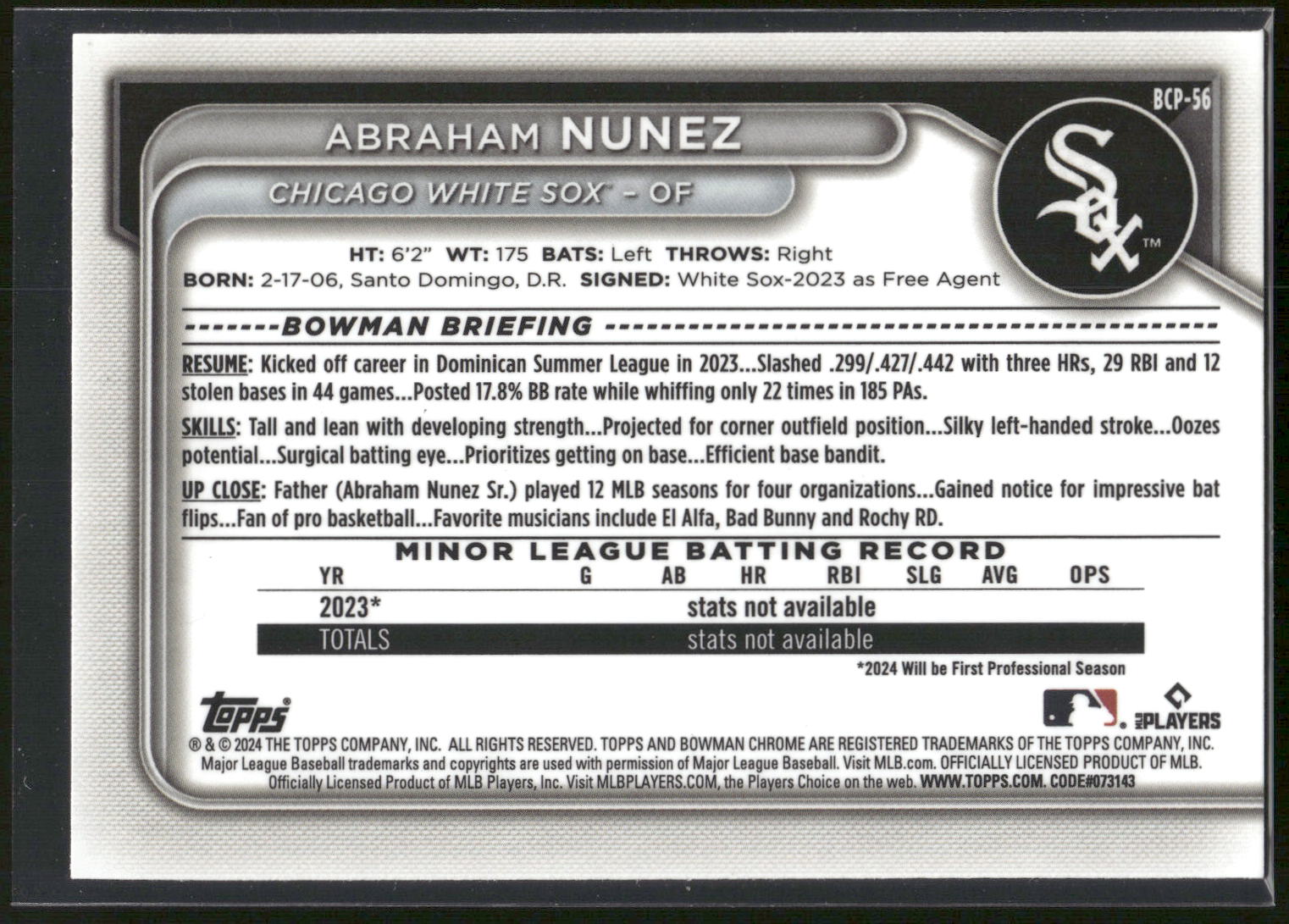 2024 Bowman #BCP-56 Abraham Nunez Chrome Prospects