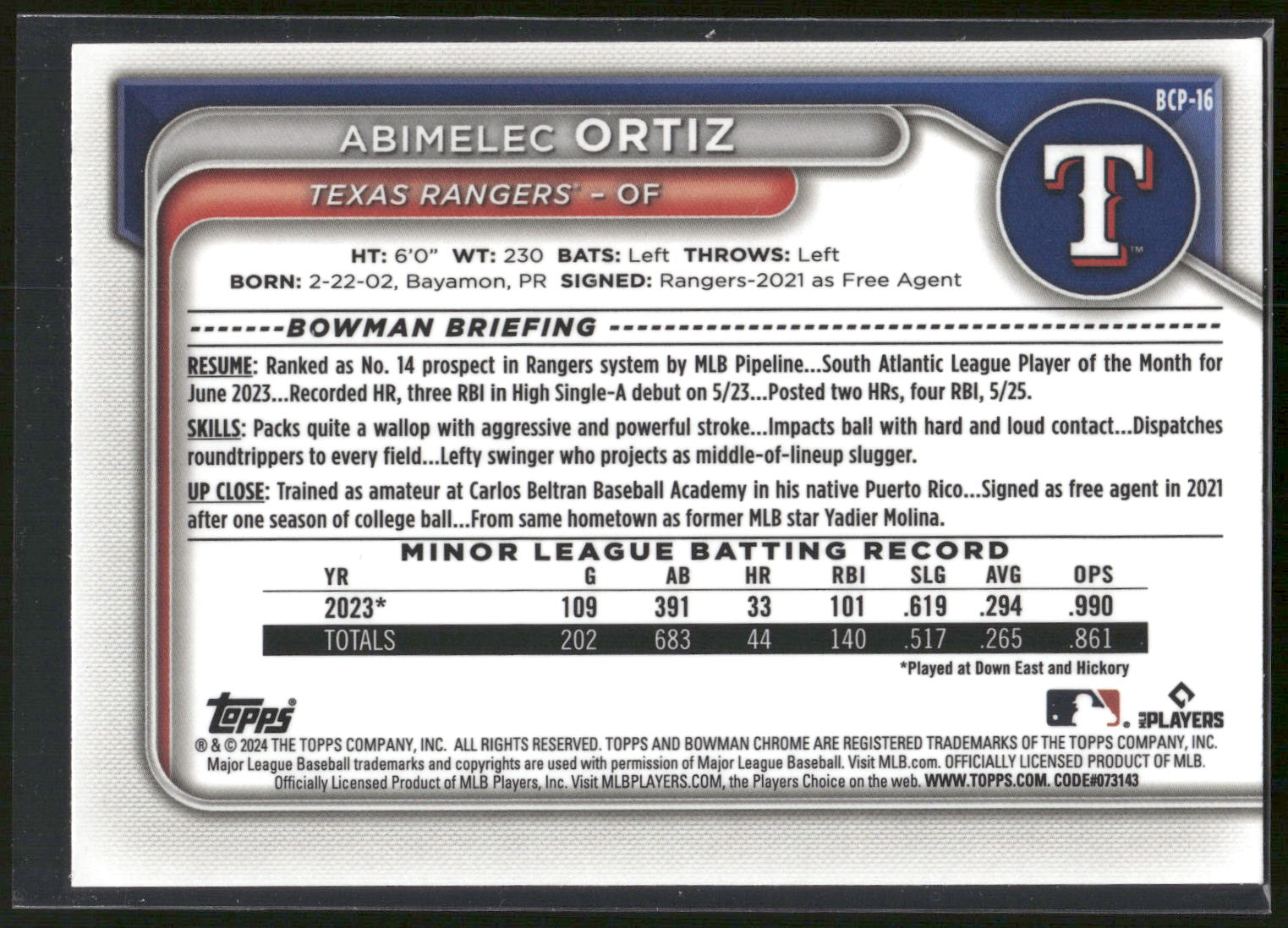 2024 Bowman #BCP-16 Abimelec Ortiz Chrome Prospects