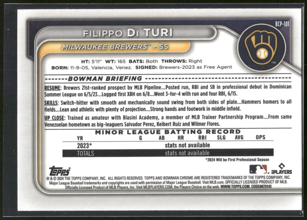 2024 Bowman #BCP-101 Filippo Di Turi Chrome Prospects