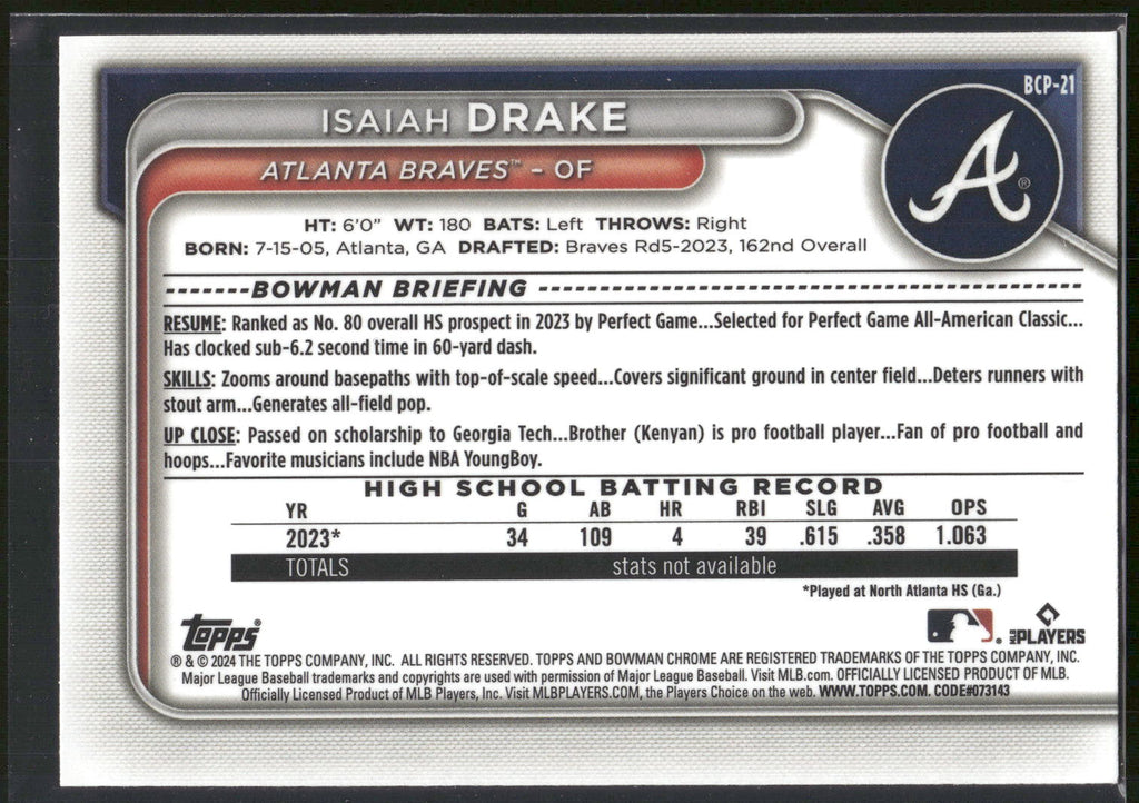 2024 Bowman #BCP-21 Isaiah Drake Chrome Prospects