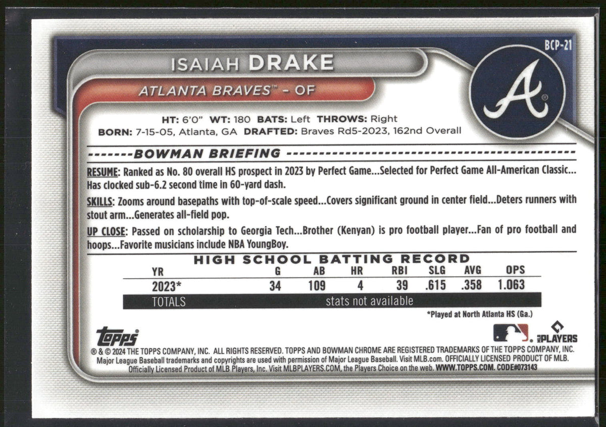2024 Bowman #BCP-21 Isaiah Drake Chrome Prospects