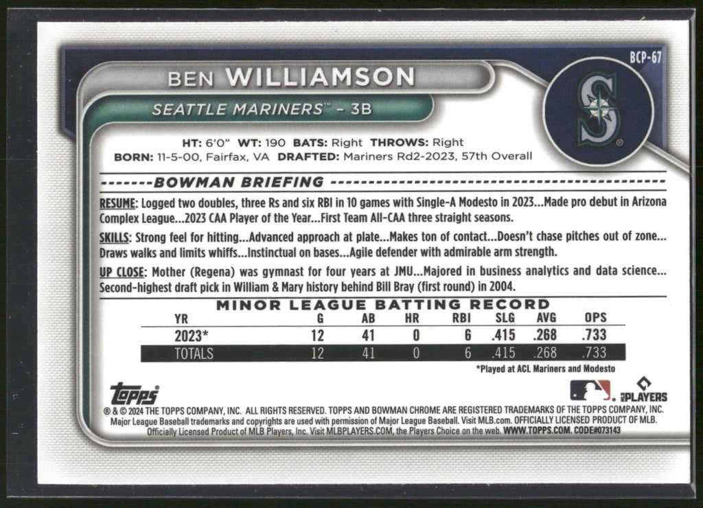 2024 Bowman #BCP-67 Ben Williamson Chrome Prospects