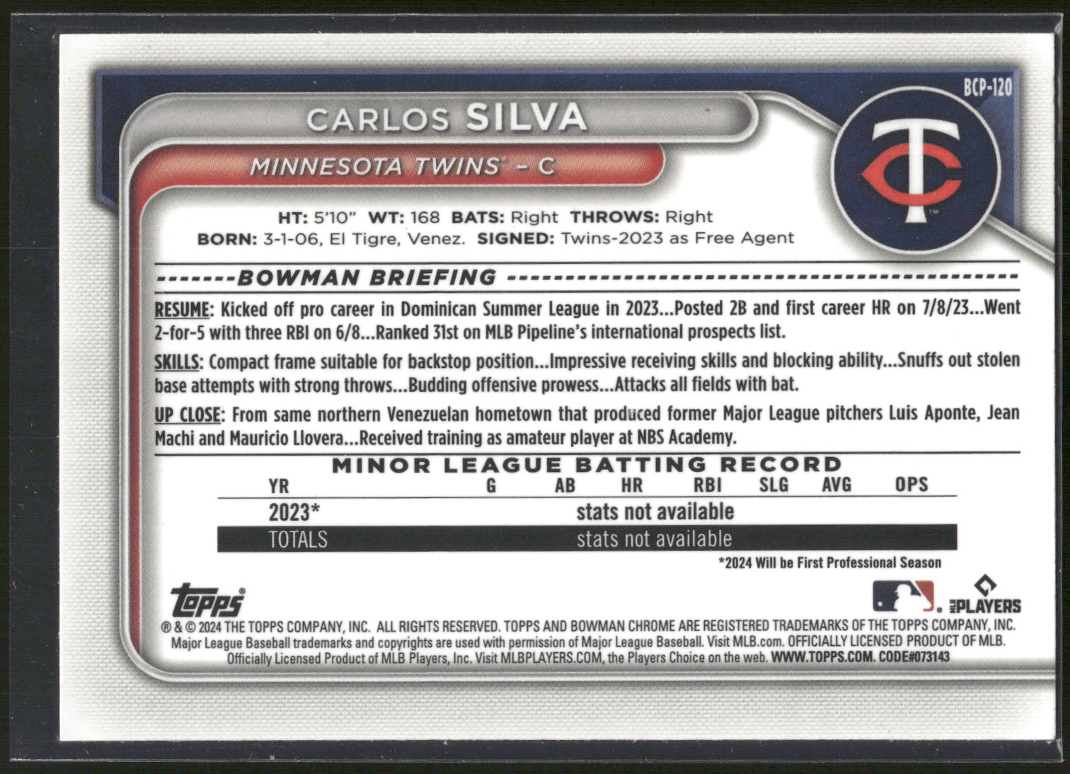 2024 Bowman #BCP-120 Carlos Silva Chrome Prospects