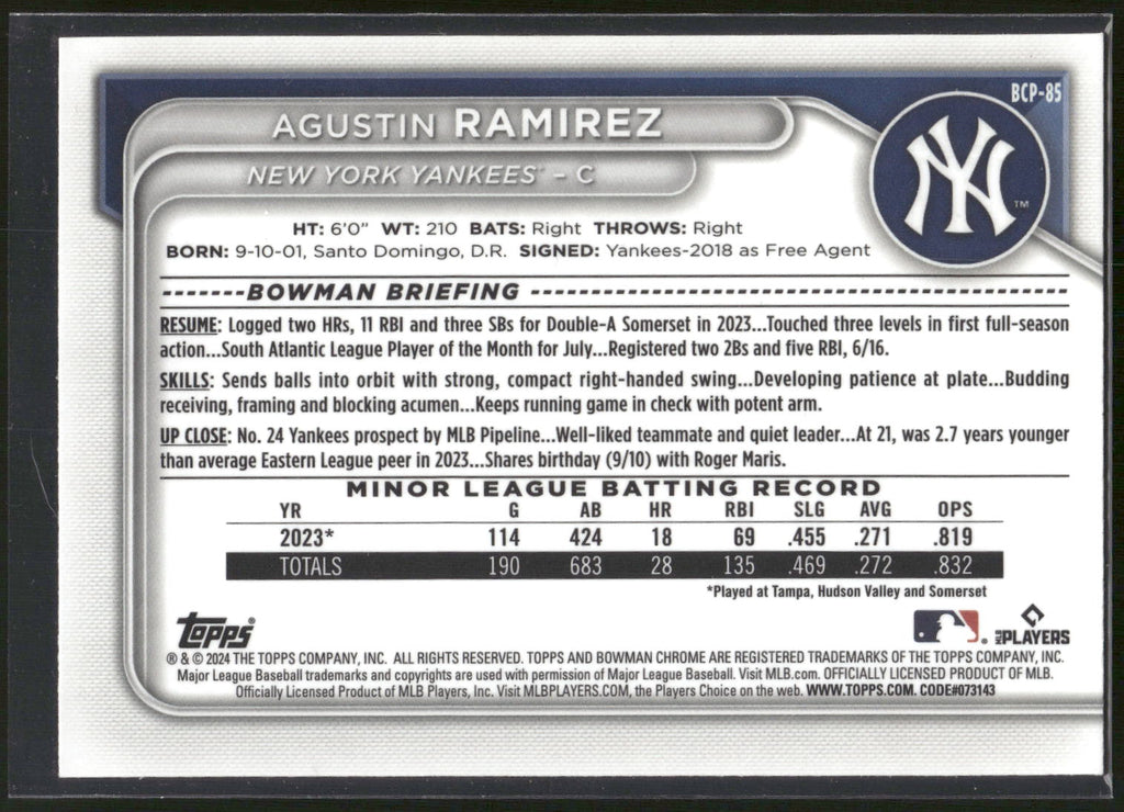 2024 Bowman #BCP-85 Agustin Ramirez Chrome Prospects