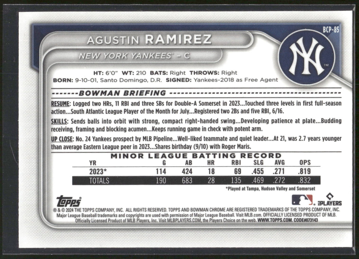 2024 Bowman #BCP-85 Agustin Ramirez Chrome Prospects