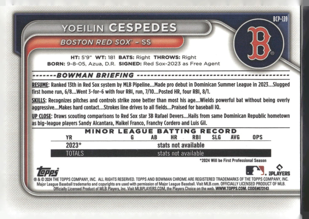 2024 Bowman #BCP-139 Yoeilin Cespedes Chrome Prospects
