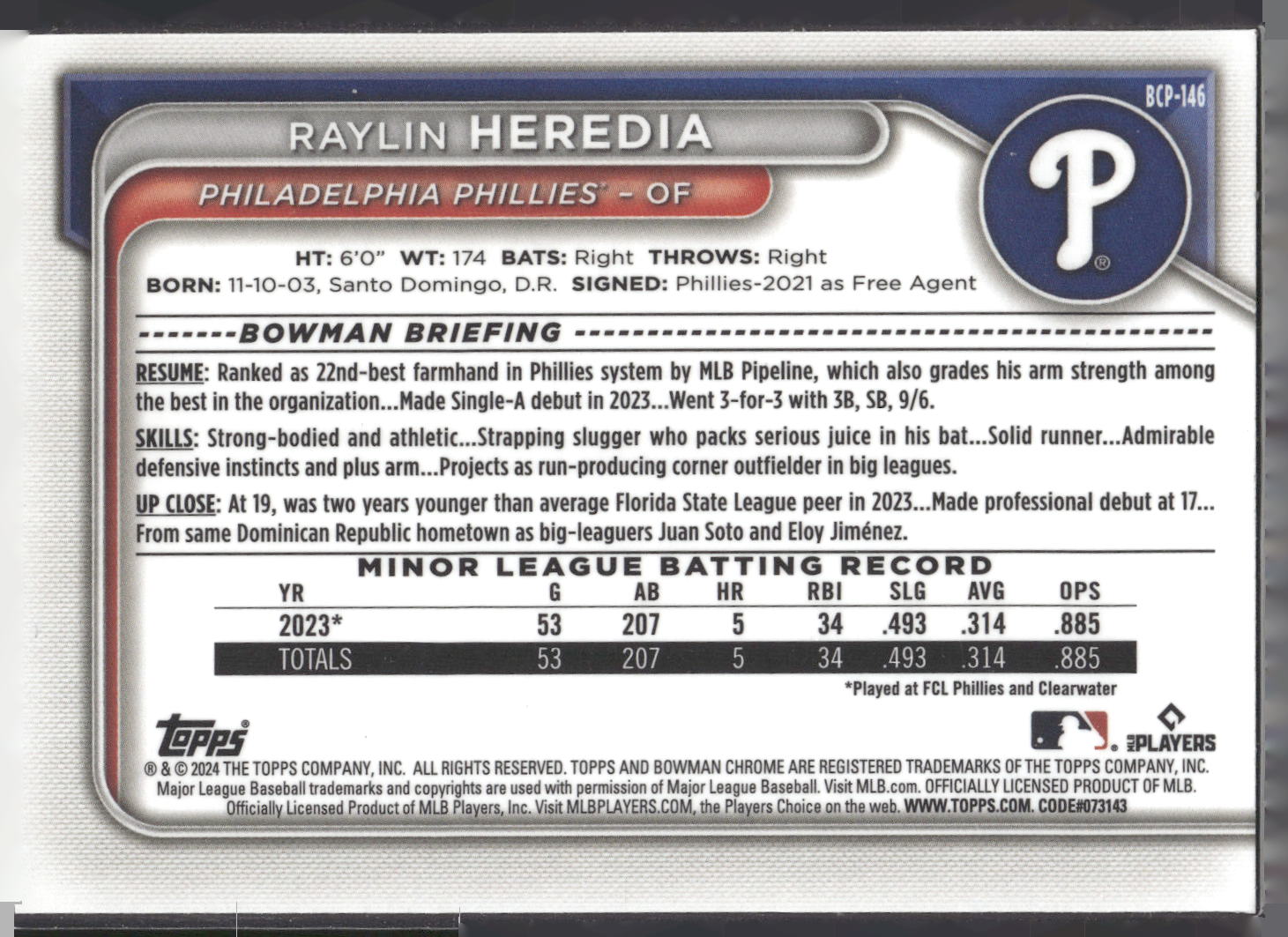 2024 Bowman #BCP-146 Raylin Heredia Chrome Prospects