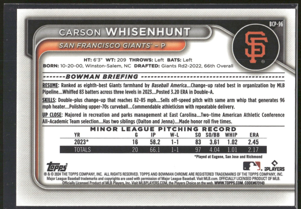 2024 Bowman #BCP-96 Carson Whisenhunt Chrome Prospects