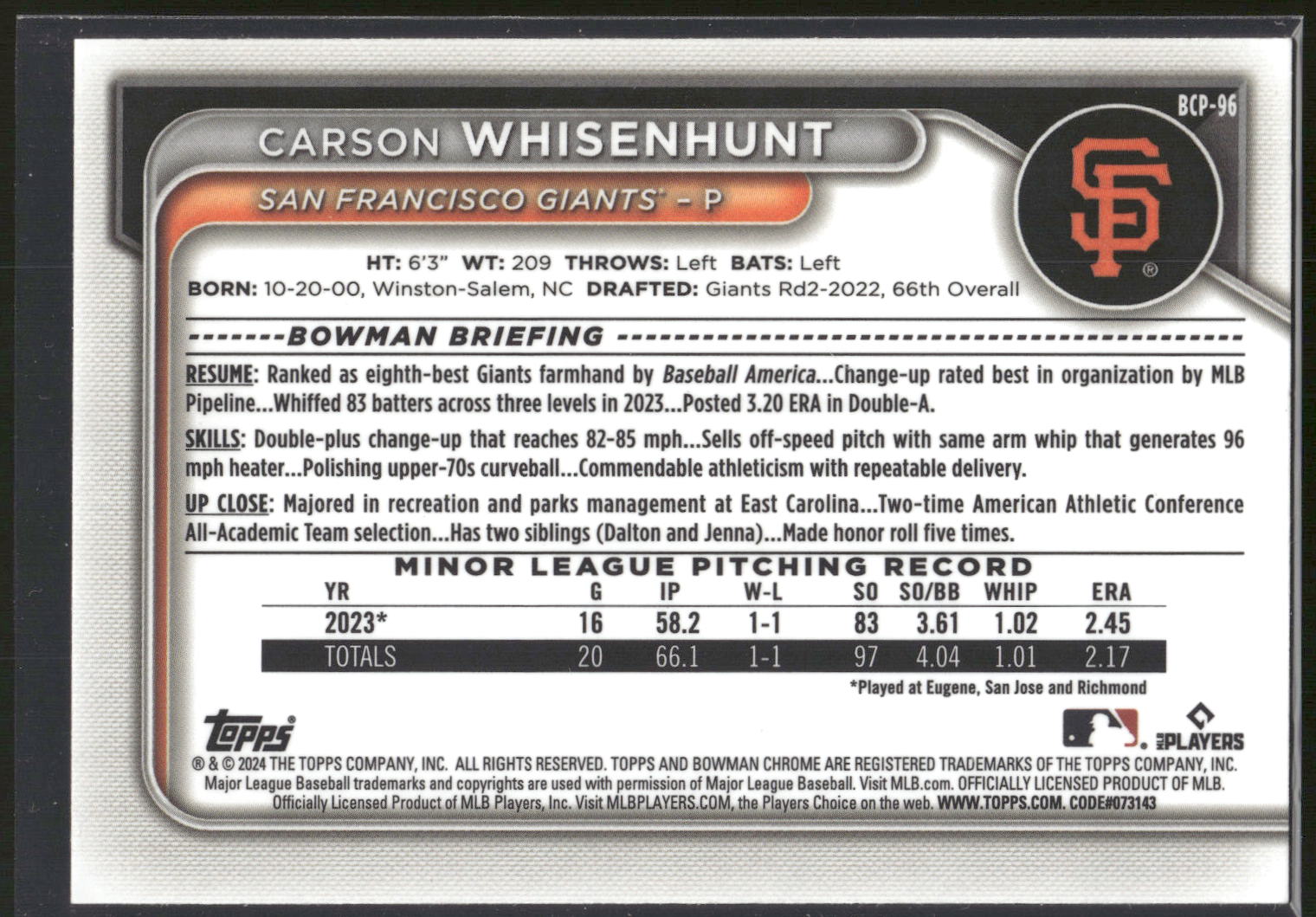 2024 Bowman #BCP-96 Carson Whisenhunt Chrome Prospects