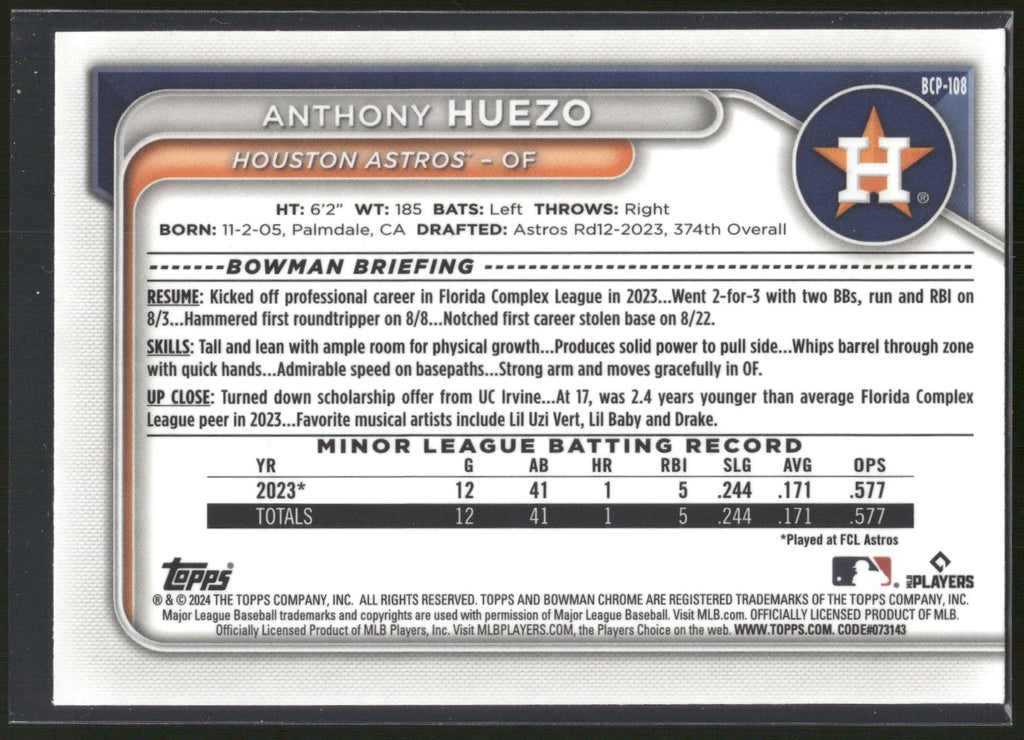 2024 Bowman #BCP-108 Anthony Huezo Chrome Prospects