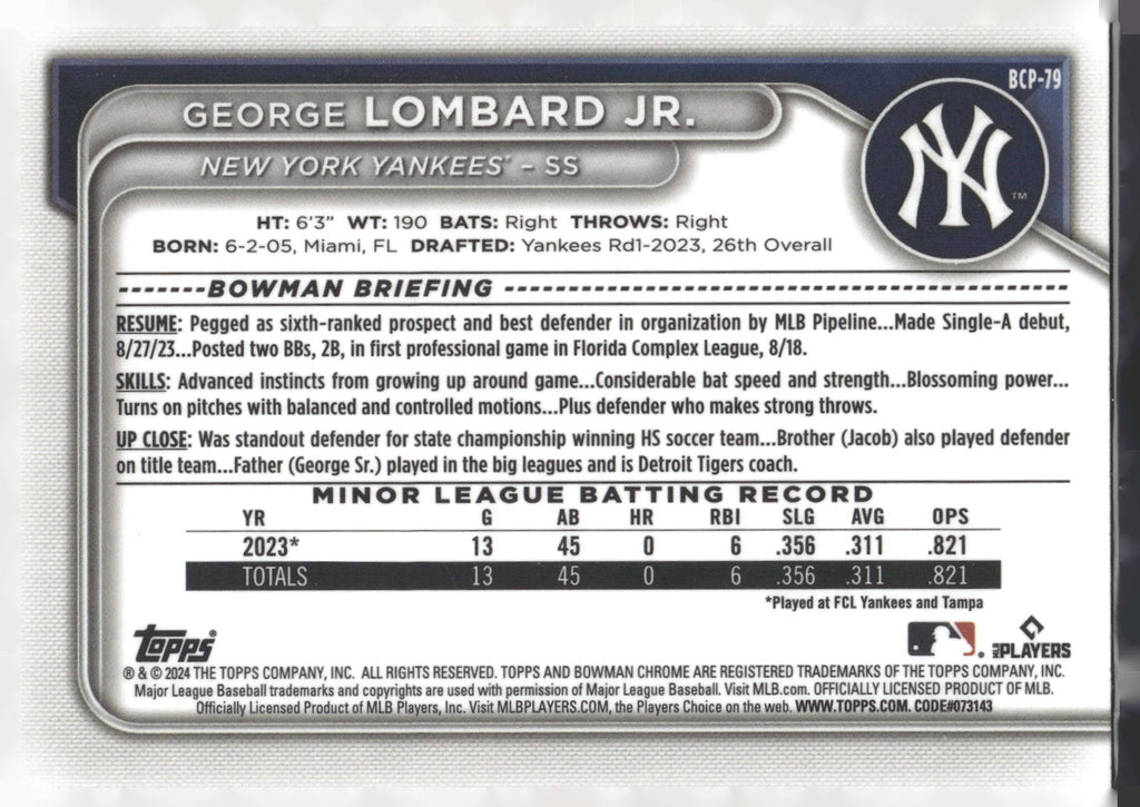 2024 Bowman #BCP-79 George Lombard Jr. Chrome Prospects
