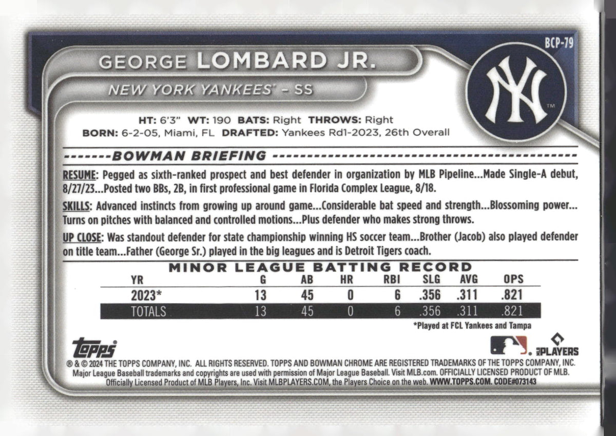 2024 Bowman #BCP-79 George Lombard Jr. Chrome Prospects