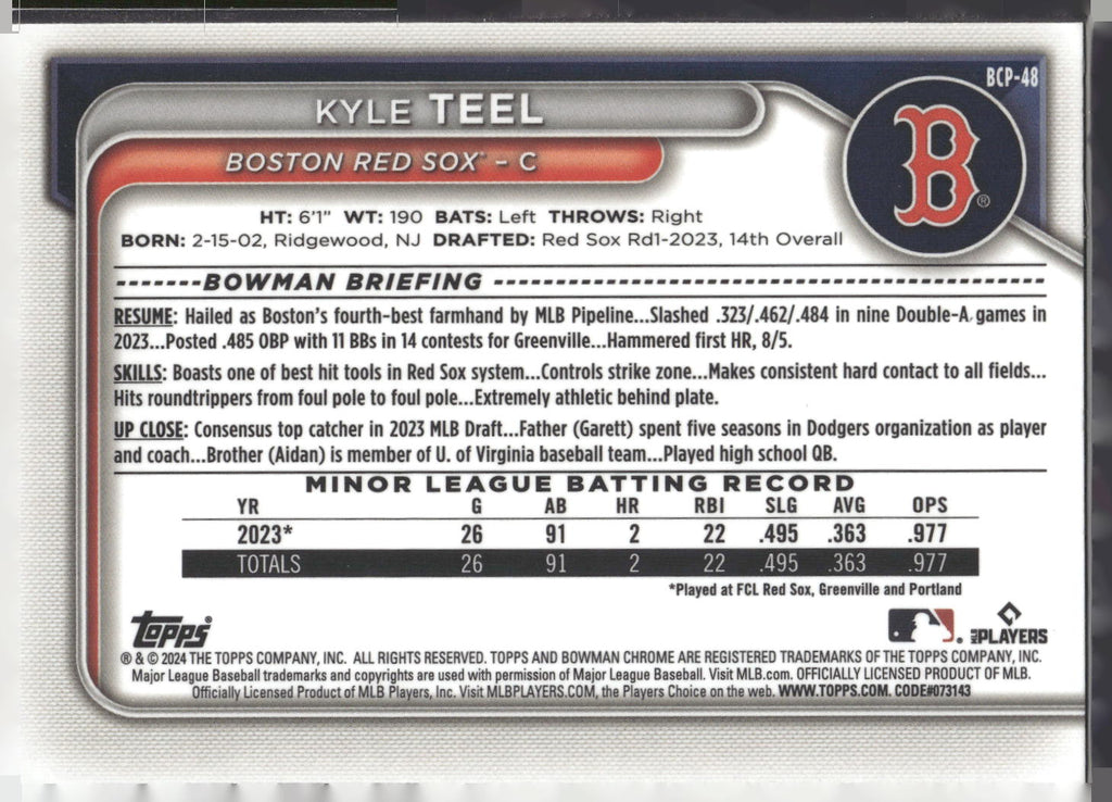 2024 Bowman #BCP-48 Kyle Teel Chrome Prospects