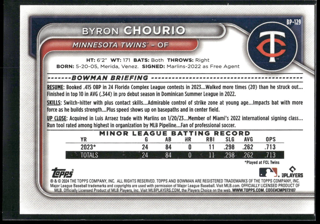 2024 Bowman #BP-129 Byron Chourio Prospects