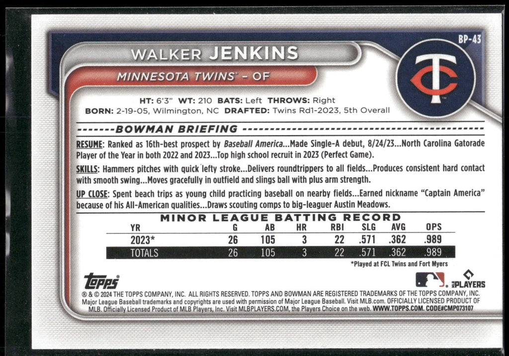 2024 Bowman #BP-43 Walker Jenkins Prospects
