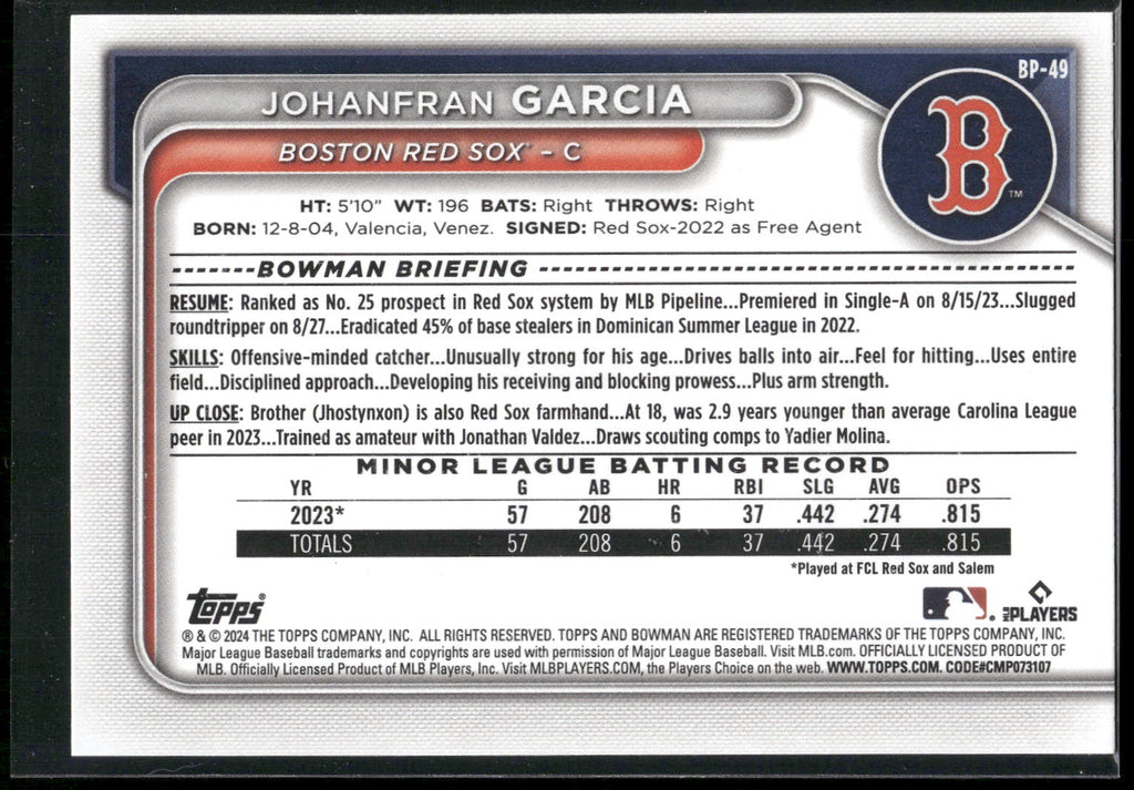 2024 Bowman #BP-49 Johanfran Garcia Prospects