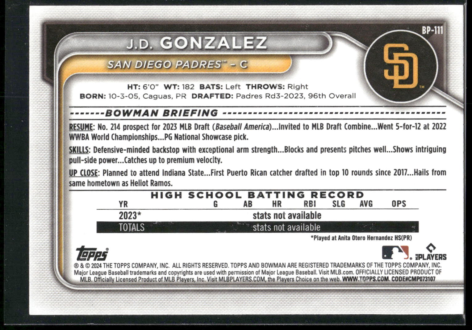 2024 Bowman #BP-111 J.D. Gonzalez Prospects