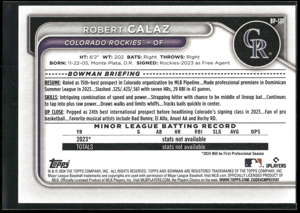 2024 Bowman #BP-131 Robert Calaz Prospects