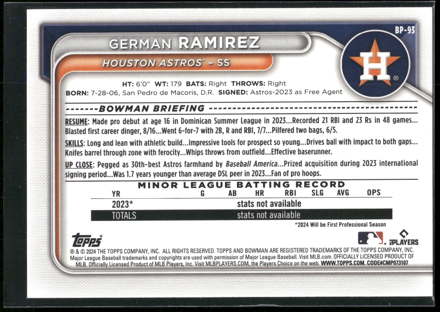 2024 Bowman #BP-93 German Ramirez Prospects