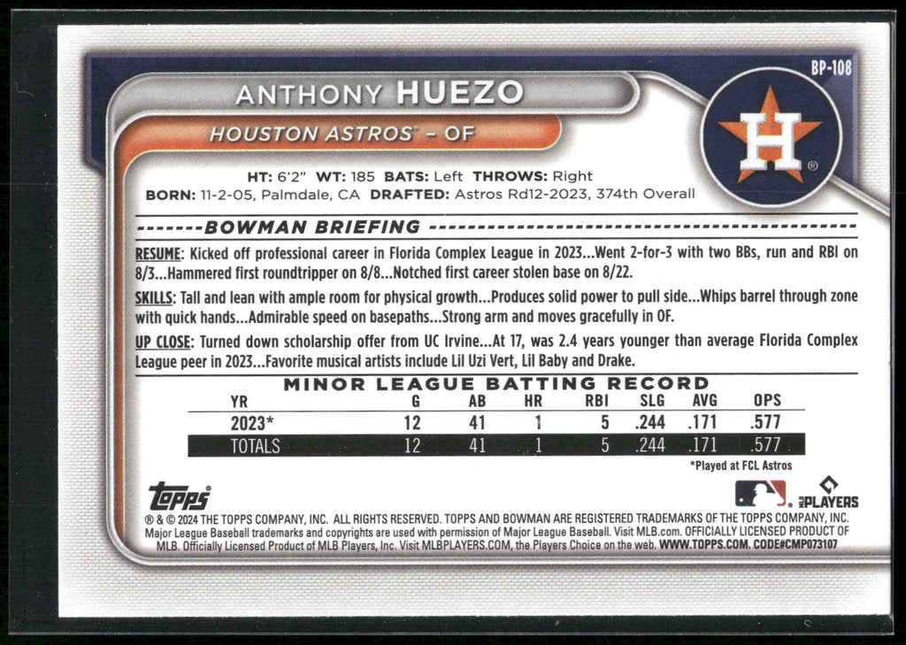 2024 Bowman #BP-108 Anthony Huezo Prospects