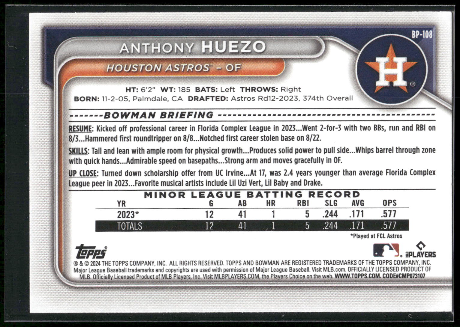2024 Bowman #BP-108 Anthony Huezo Prospects