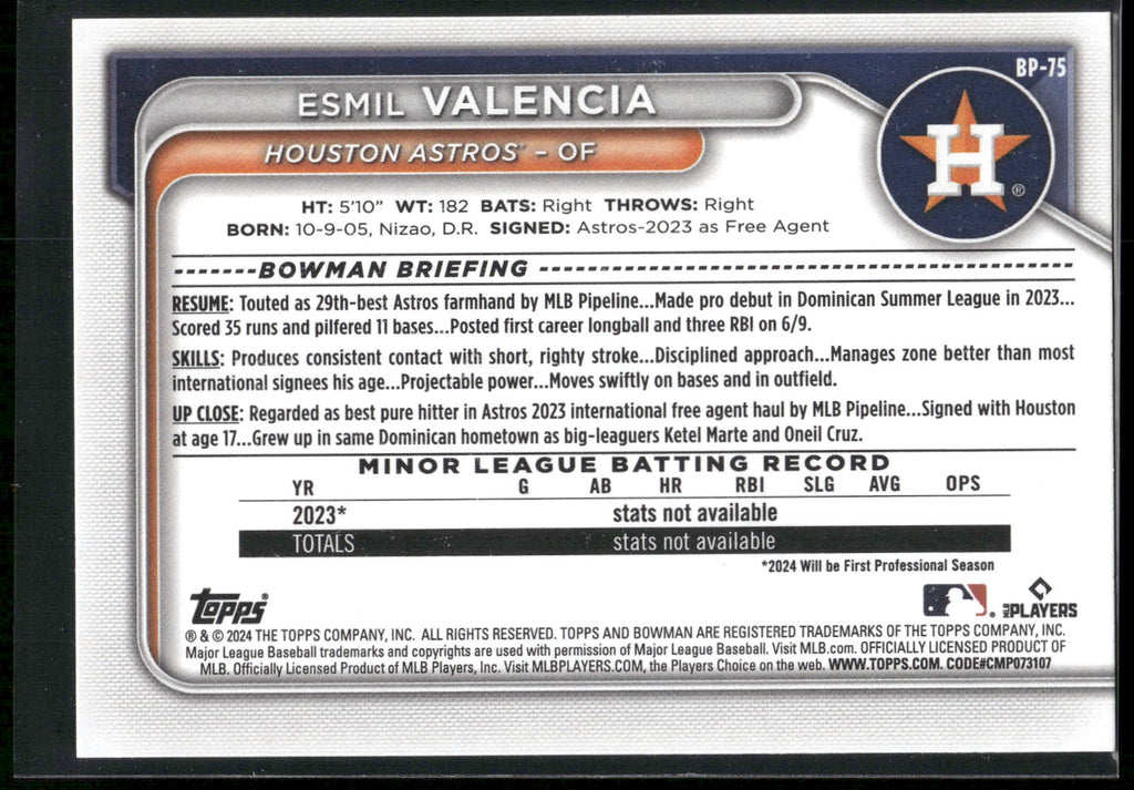 2024 Bowman #BP-75 Esmil Valencia Prospects