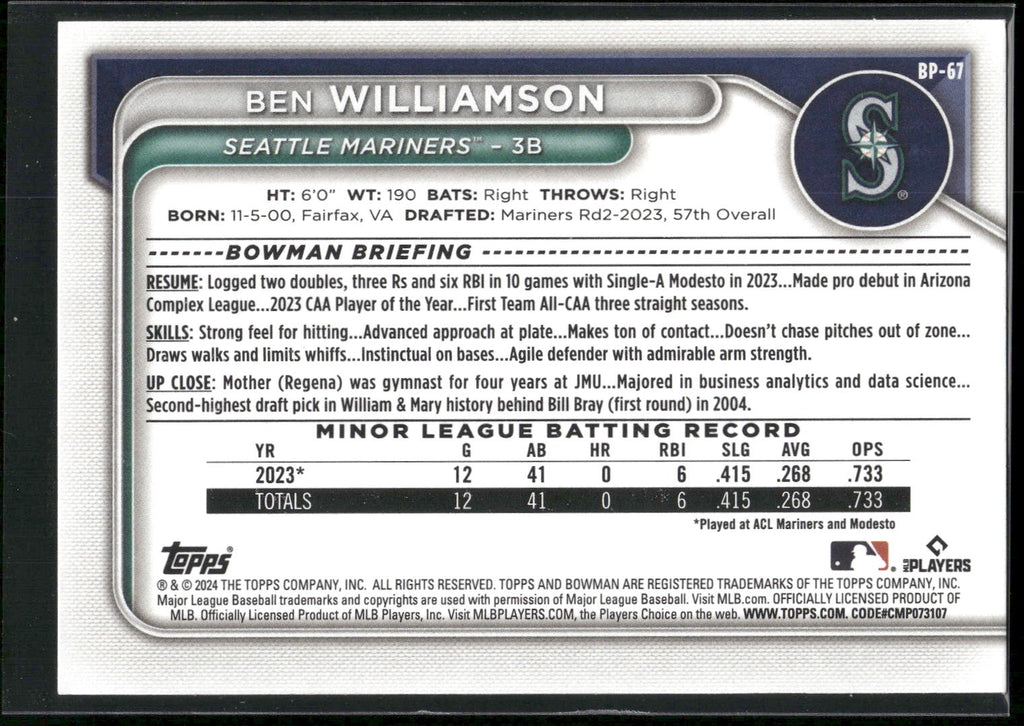 2024 Bowman #BP-67 Ben Williamson Prospects