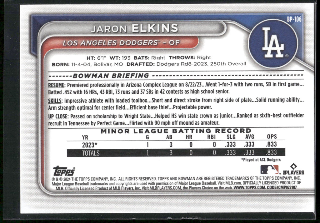 2024 Bowman #BP-106 Jaron Elkins Prospects