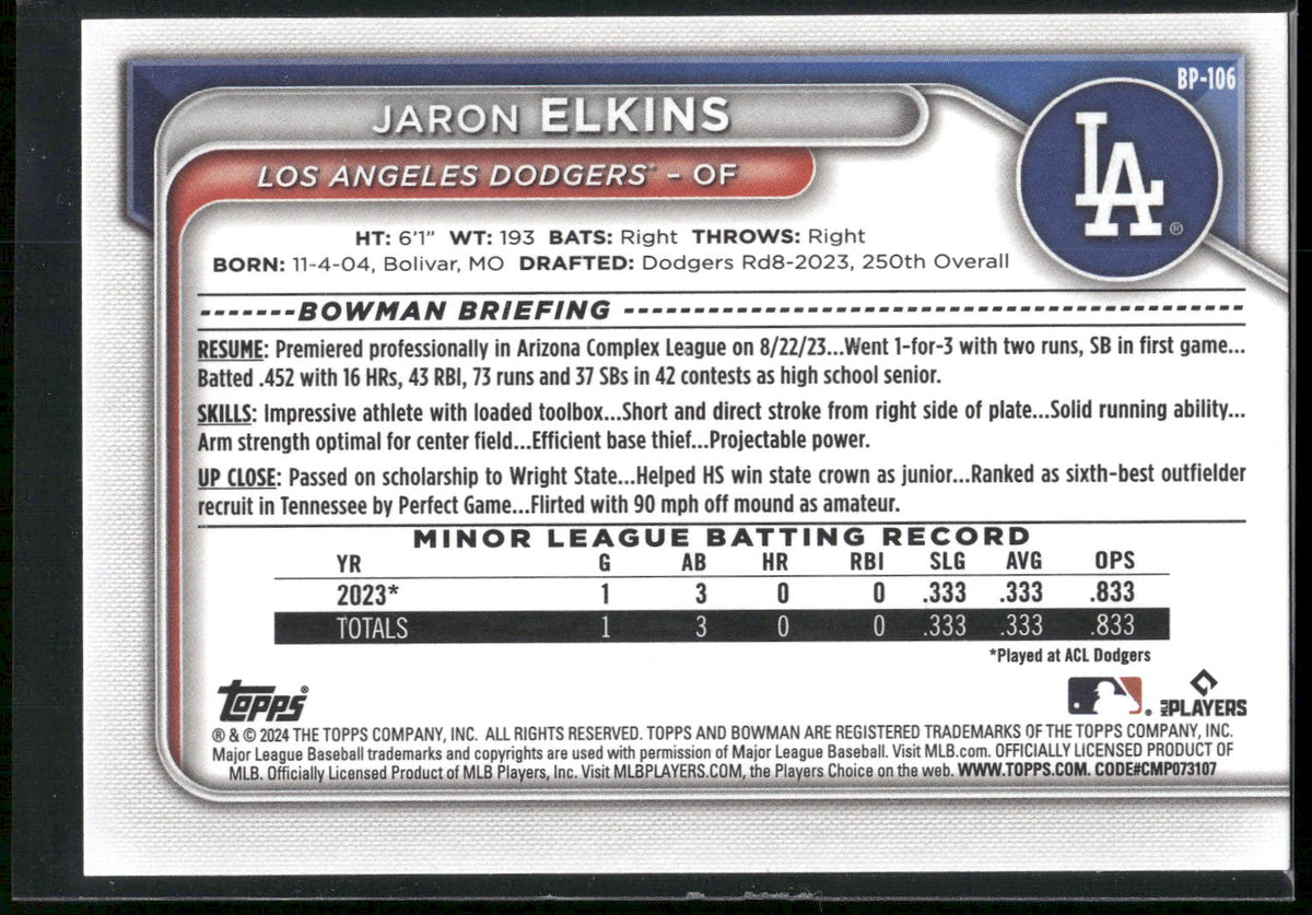 2024 Bowman #BP-106 Jaron Elkins Prospects