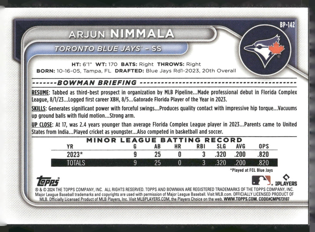 2024 Bowman #BP-142 Arjun Nimmala Prospects
