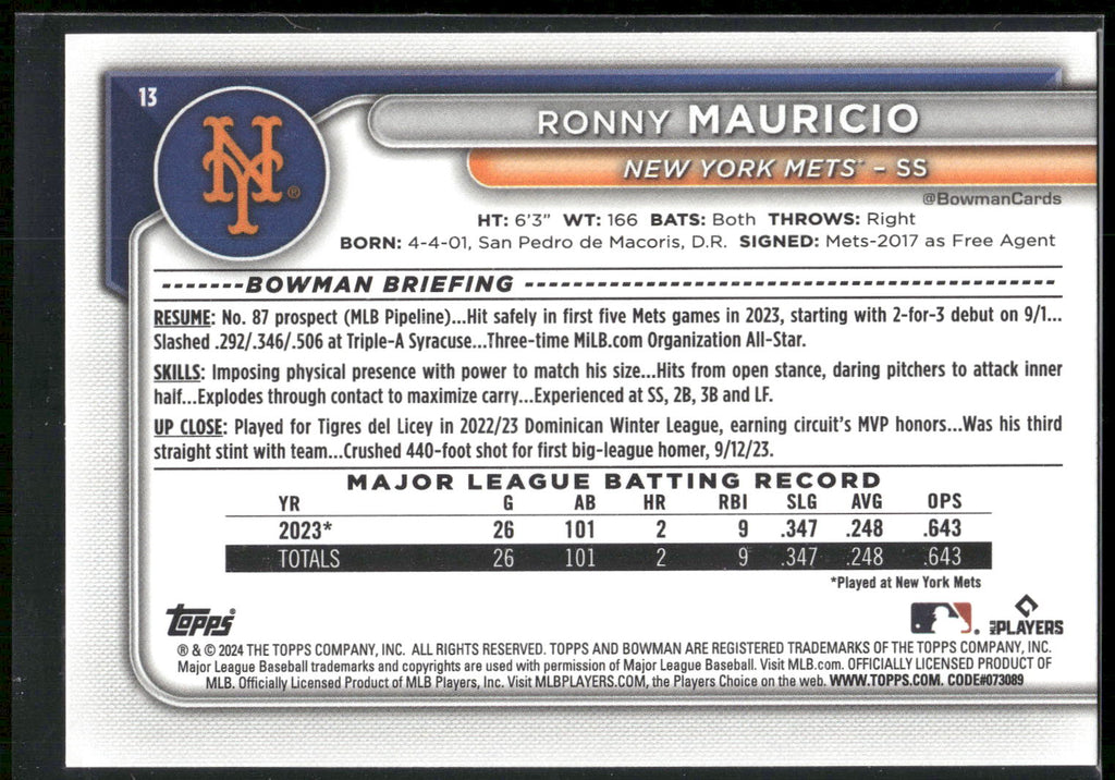 2024 Bowman #13 Ronny Mauricio