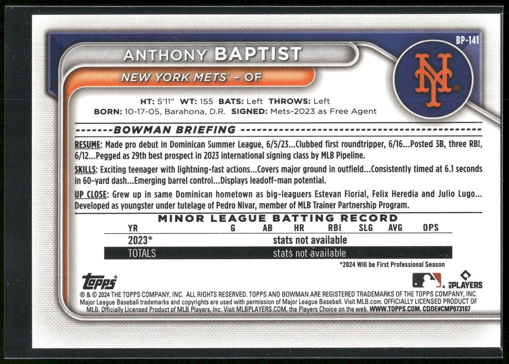 2024 Bowman #BP-141 Anthony Baptist Prospects