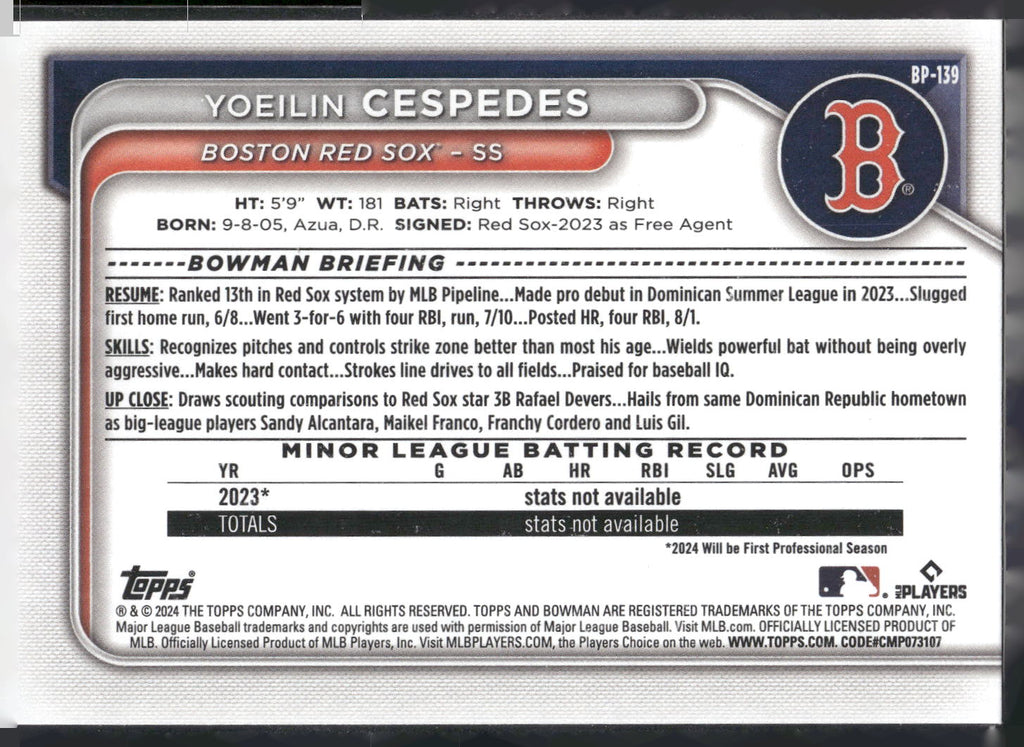 2024 Bowman #BP-139 Yoeilin Cespedes Prospects