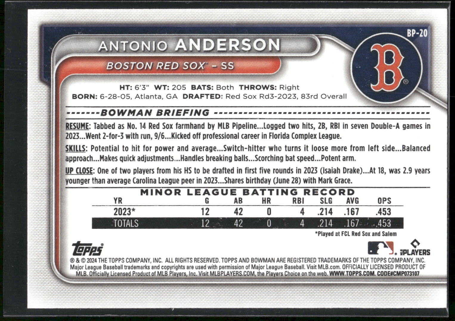 2024 Bowman #BP-20 Antonio Anderson Prospects