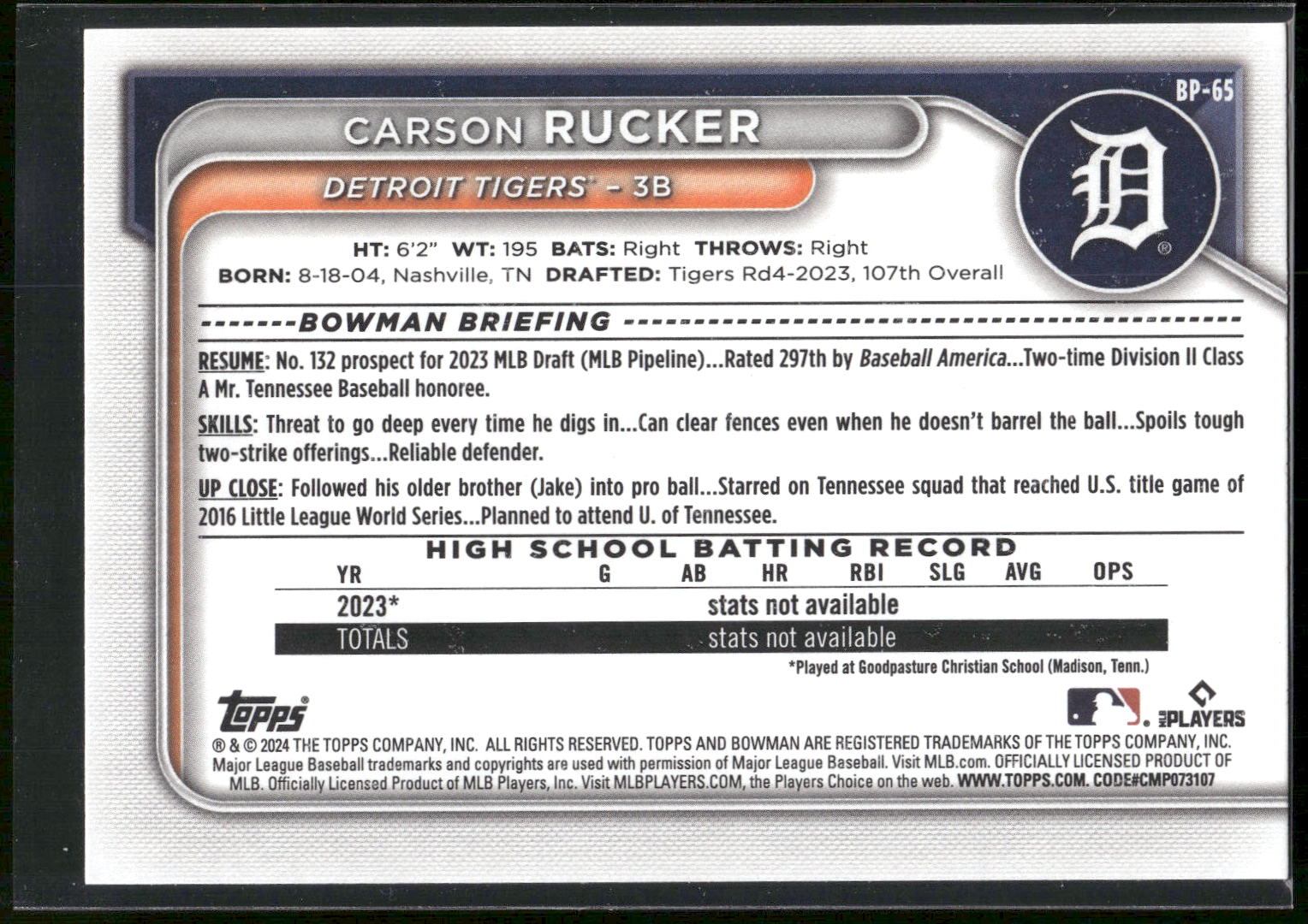 2024 Bowman #BP-65 Carson Rucker Prospects