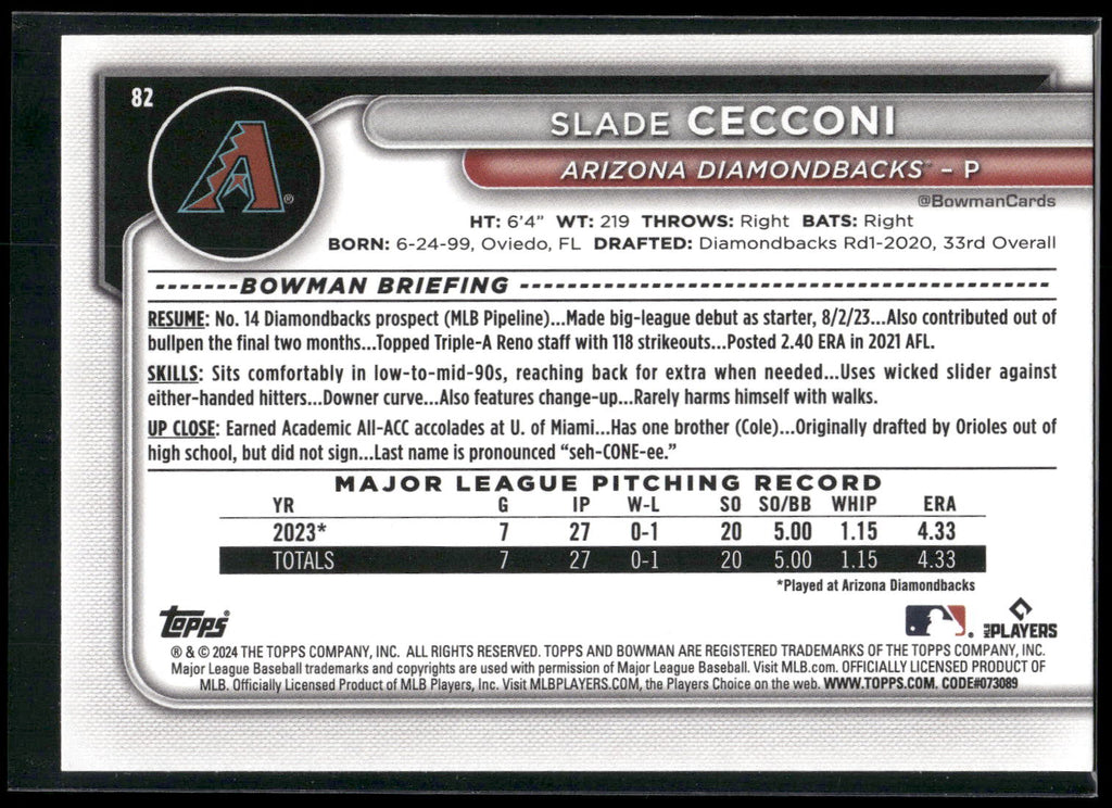 2024 Bowman #82 Slade Cecconi