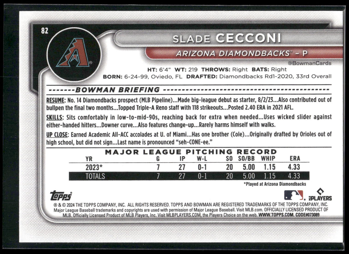 2024 Bowman #82 Slade Cecconi