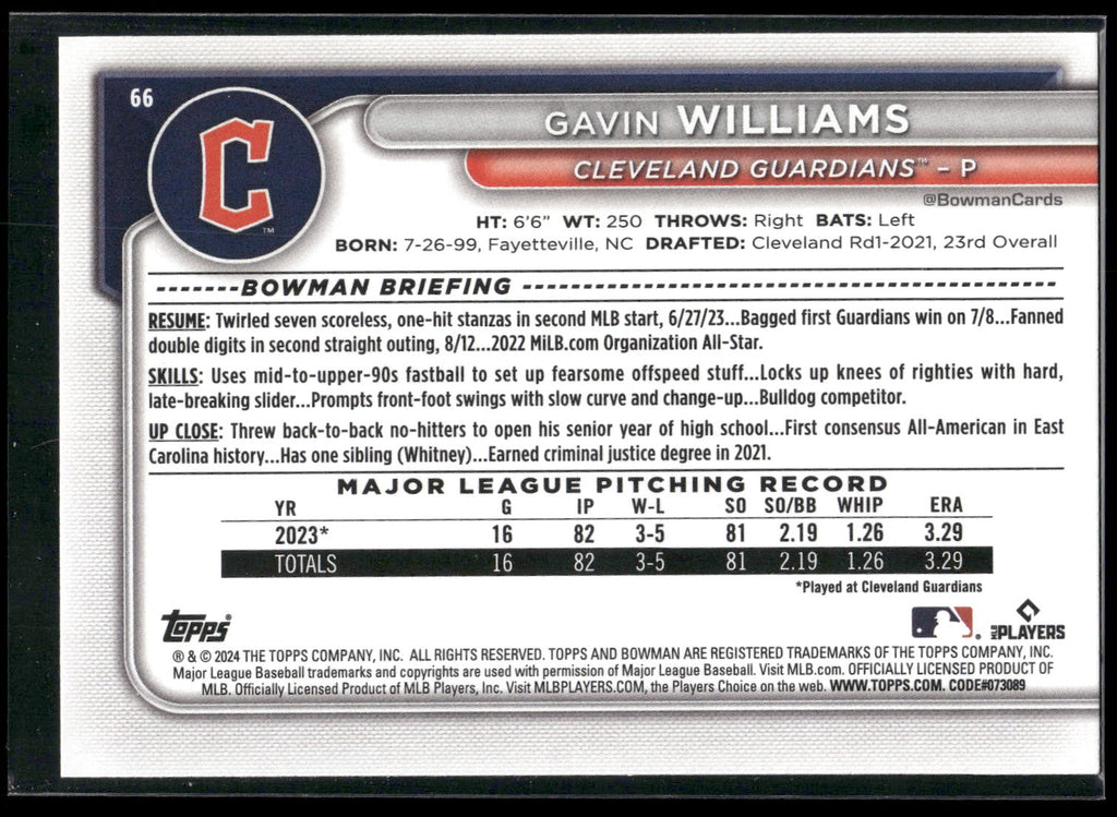 2024 Bowman #66 Gavin Williams