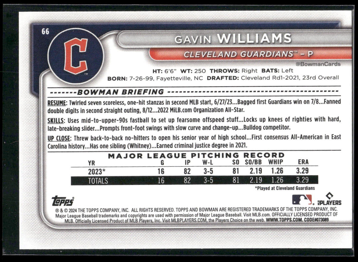 2024 Bowman #66 Gavin Williams
