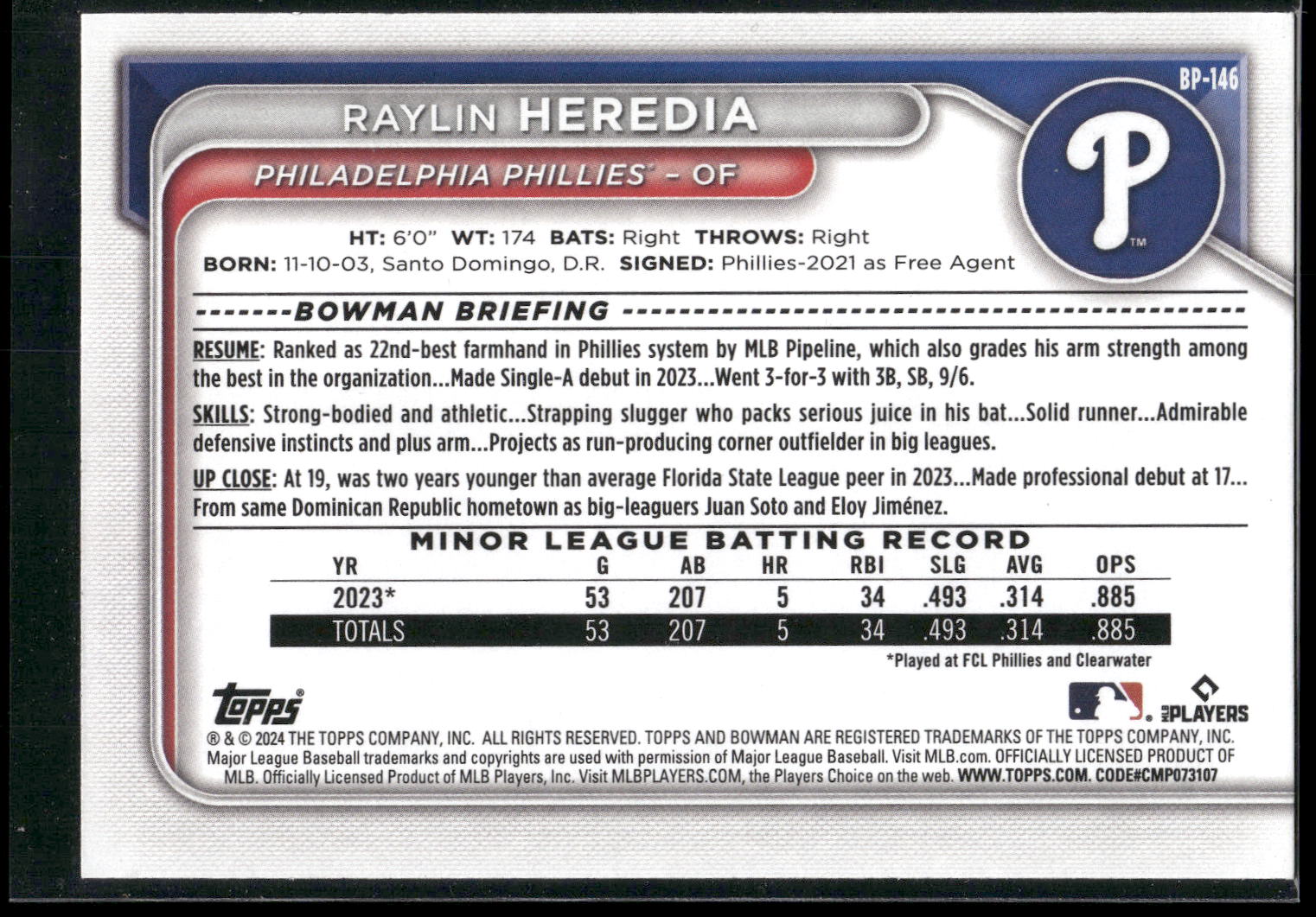 2024 Bowman #BP-146 Raylin Heredia Prospects