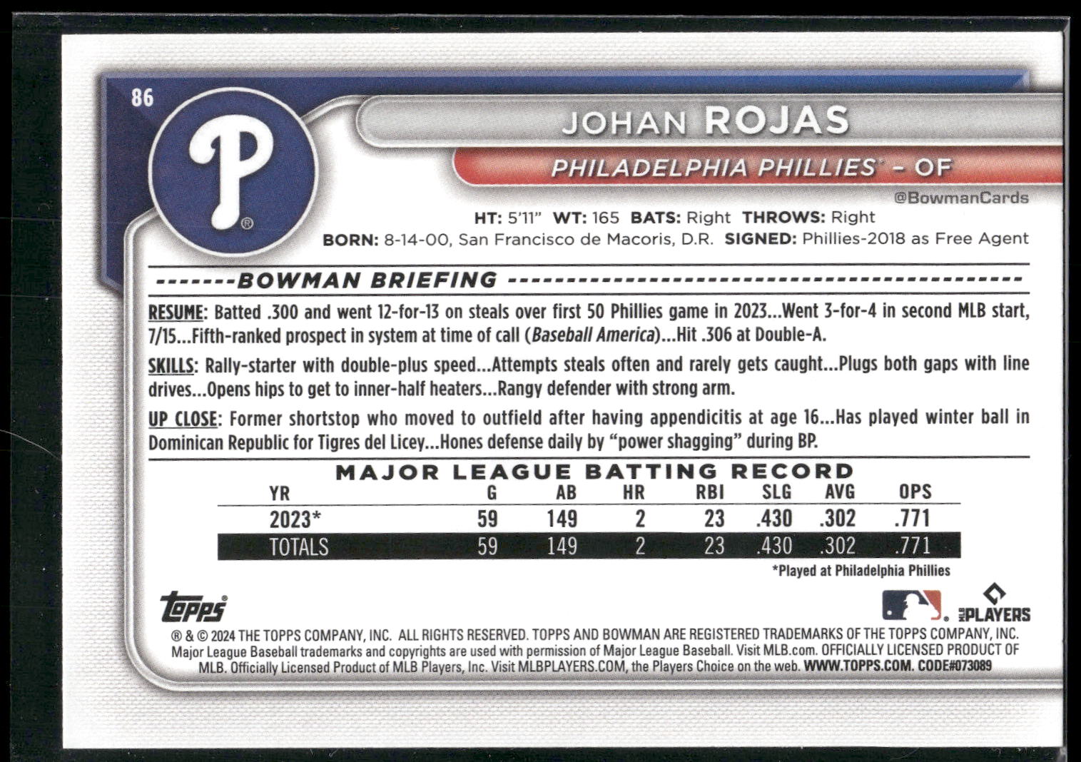 2024 Bowman #86 Johan Rojas