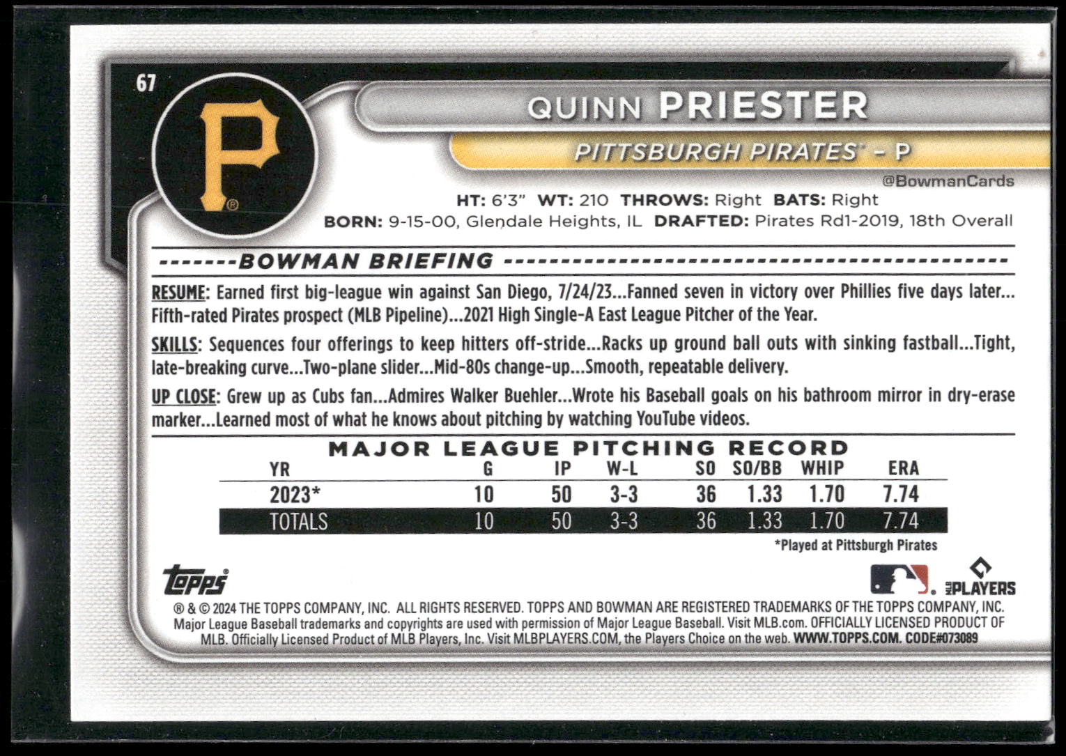 2024 Bowman #67 Quinn Priester