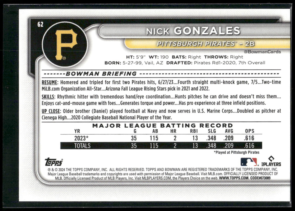 2024 Bowman #62 Nick Gonzales