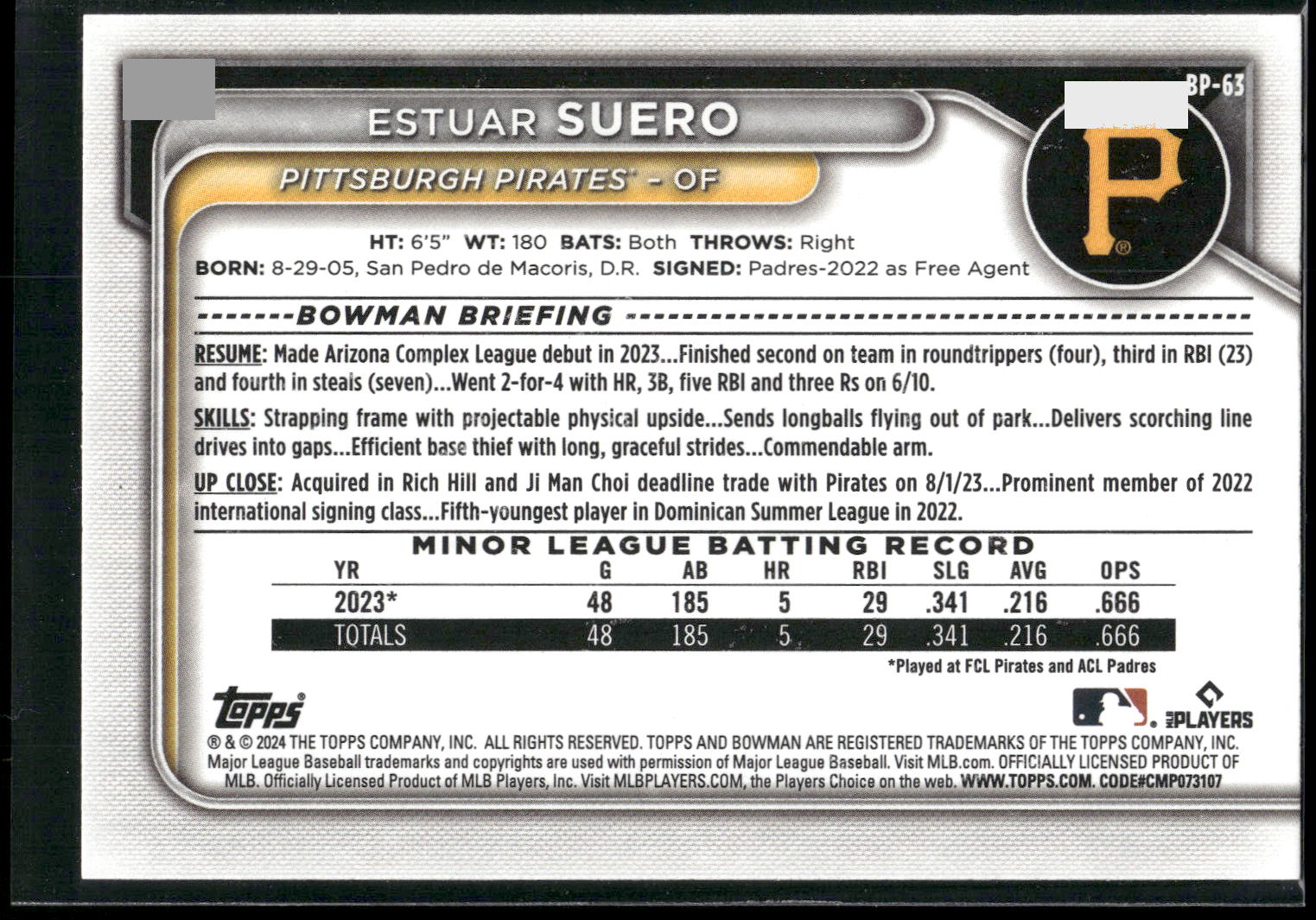 2024 Bowman #BP-63 Estuar Suero Prospects