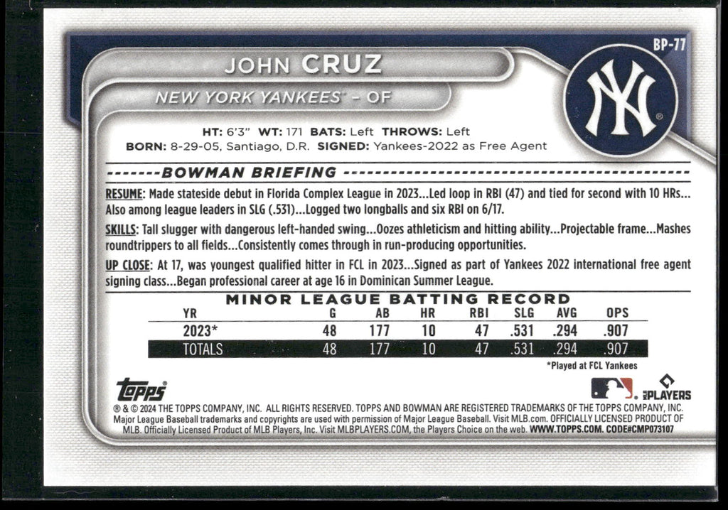 2024 Bowman #BP-77 John Cruz Prospects