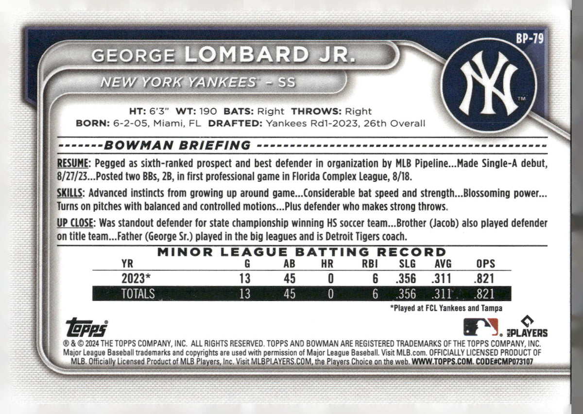 2024 Bowman #BP-79 George Lombard Jr. Prospects