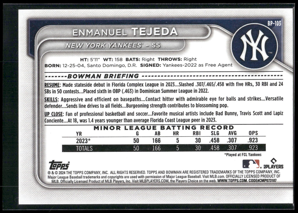 2024 Bowman #BP-103 Enmanuel Tejeda Prospects