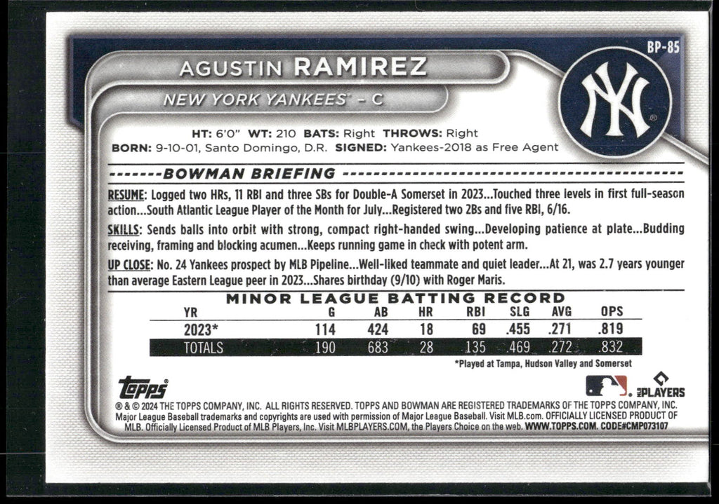 2024 Bowman #BP-85 Agustin Ramirez Prospects